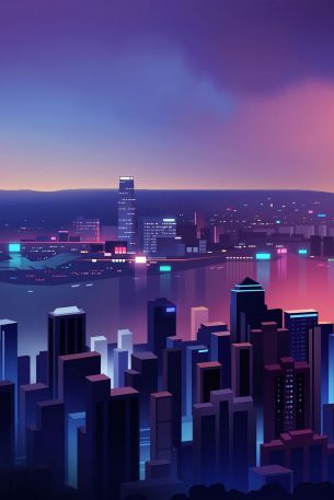 night city, bird's-eye view, purple Wallpaper 640x960