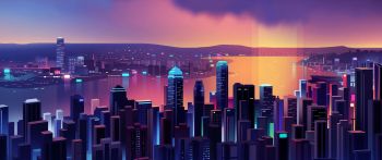 night city, bird's-eye view, purple Wallpaper 2560x1080