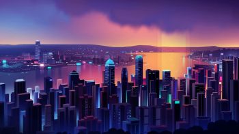 night city, bird's-eye view, purple Wallpaper 1366x768