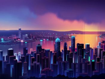 night city, bird's-eye view, purple Wallpaper 1024x768