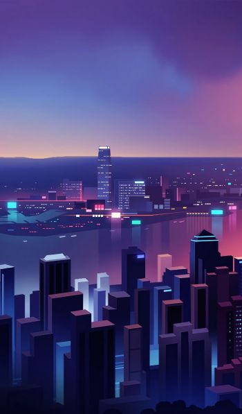 night city, bird's-eye view, purple Wallpaper 600x1024