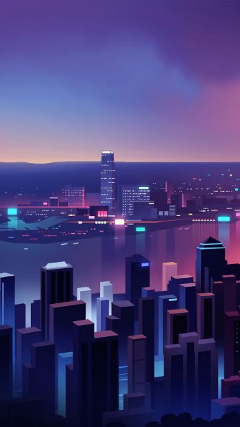 night city, bird's-eye view, purple Wallpaper 640x1136