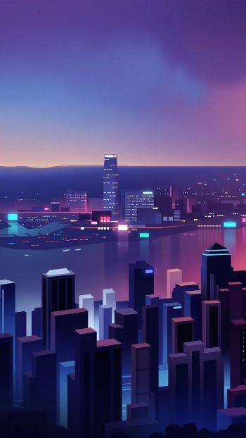 night city, bird's-eye view, purple Wallpaper 720x1280