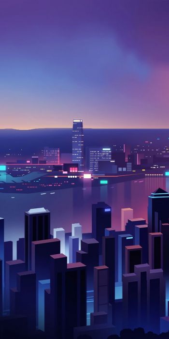 night city, bird's-eye view, purple Wallpaper 720x1440