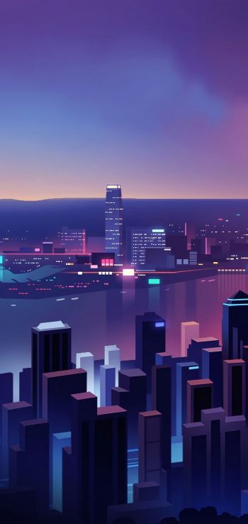 night city, bird's-eye view, purple Wallpaper 720x1520