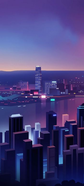 Обои 720x1600 ночной город, вид с высоты птичьего полета, фиолетовый