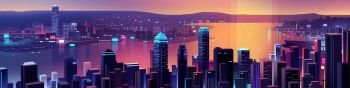 night city, bird's-eye view, purple Wallpaper 1590x400