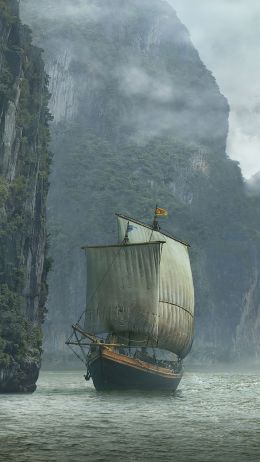 ship, landscape, sailboat Wallpaper 750x1334