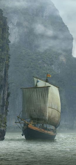 ship, landscape, sailboat Wallpaper 828x1792