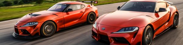 Toyota GR Supra, red car, speed Wallpaper 1590x400