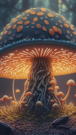 Обои 1080x1920 грибной лес, гриб, свечение