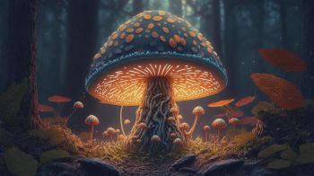 Обои 2048x1152 грибной лес, гриб, свечение