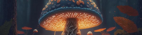 mushroom forest, mushroom, glow Wallpaper 1590x400