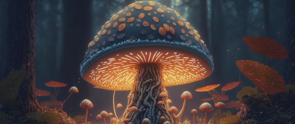mushroom forest, mushroom, glow Wallpaper 2560x1080
