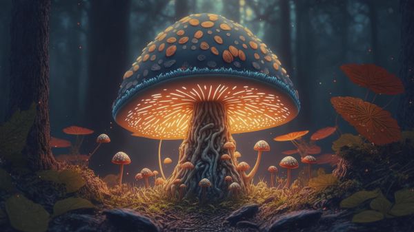 mushroom forest, mushroom, glow Wallpaper 2560x1440