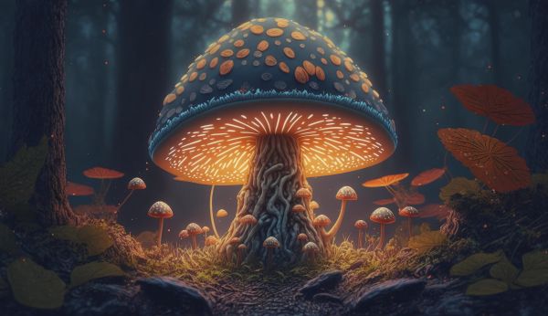 mushroom forest, mushroom, glow Wallpaper 3397x1960