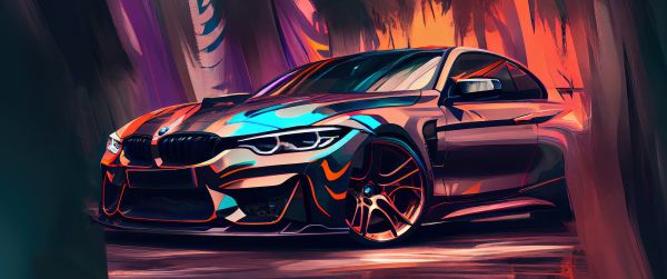 BMW M4, sports car, drawing Wallpaper 3440x1440