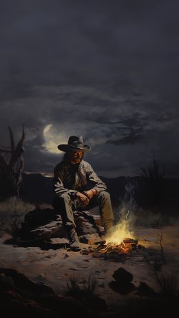 Wild West, cowboy, night, bonfire Wallpaper 750x1334