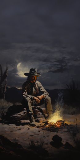 Wild West, cowboy, night, bonfire Wallpaper 720x1440