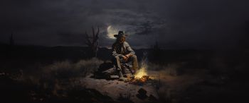 Wild West, cowboy, night, bonfire Wallpaper 3440x1440