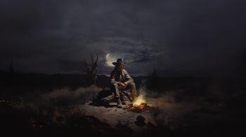 Wild West, cowboy, night, bonfire Wallpaper 2048x1152