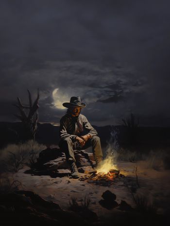 Wild West, cowboy, night, bonfire Wallpaper 1536x2048