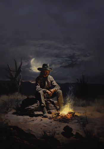 Wild West, cowboy, night, bonfire Wallpaper 1668x2388