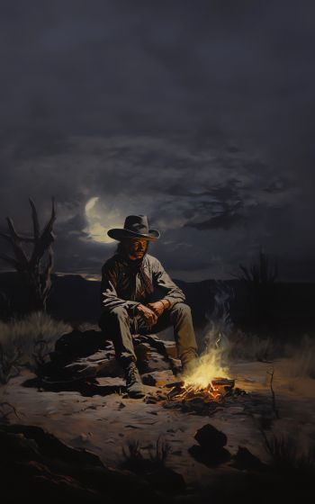 Wild West, cowboy, night, bonfire Wallpaper 1200x1920