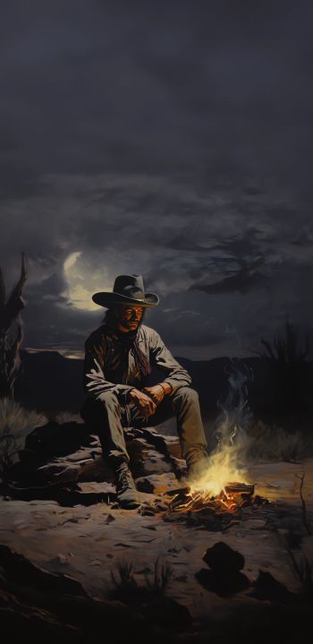 Wild West, cowboy, night, bonfire Wallpaper 1080x2220