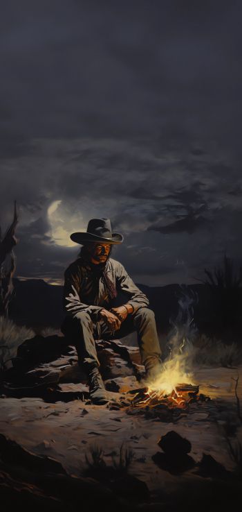 Wild West, cowboy, night, bonfire Wallpaper 1080x2280