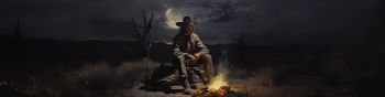 Wild West, cowboy, night, bonfire Wallpaper 1590x400