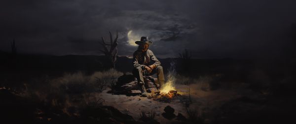 Wild West, cowboy, night, bonfire Wallpaper 3440x1440