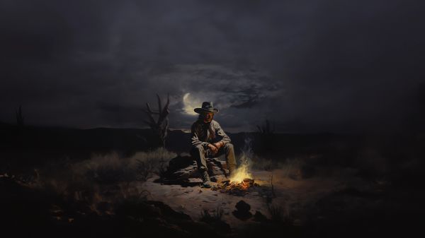 Wild West, cowboy, night, bonfire Wallpaper 3840x2160