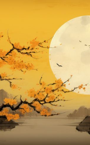 moon, yellow, japan, landscape Wallpaper 1200x1920