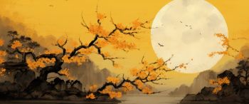 moon, yellow, japan, landscape Wallpaper 3440x1440
