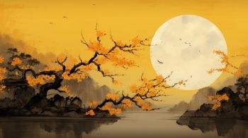 Обои 1600x900 луна, желтый, Япония, пейзаж
