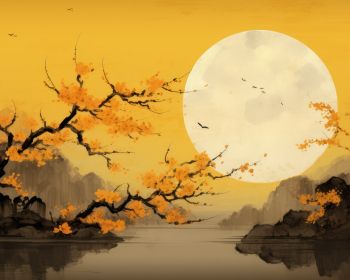 moon, yellow, japan, landscape Wallpaper 1280x1024
