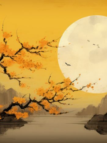 moon, yellow, japan, landscape Wallpaper 1620x2160