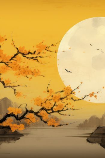 moon, yellow, japan, landscape Wallpaper 640x960