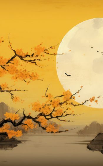 moon, yellow, japan, landscape Wallpaper 1200x1920