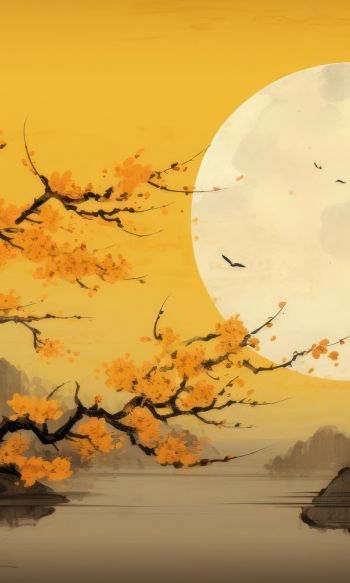 moon, yellow, japan, landscape Wallpaper 1200x2000