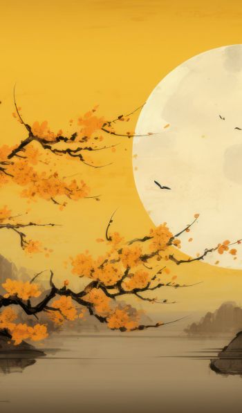 moon, yellow, japan, landscape Wallpaper 600x1024