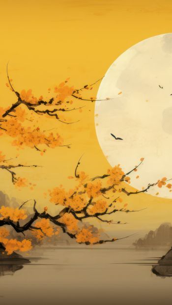 Обои 640x1136 луна, желтый, Япония, пейзаж