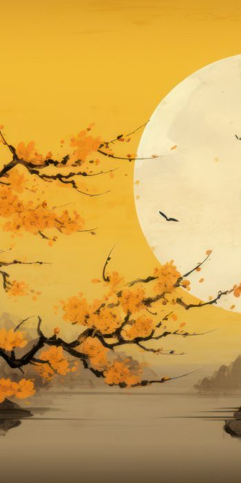 moon, yellow, japan, landscape Wallpaper 720x1440