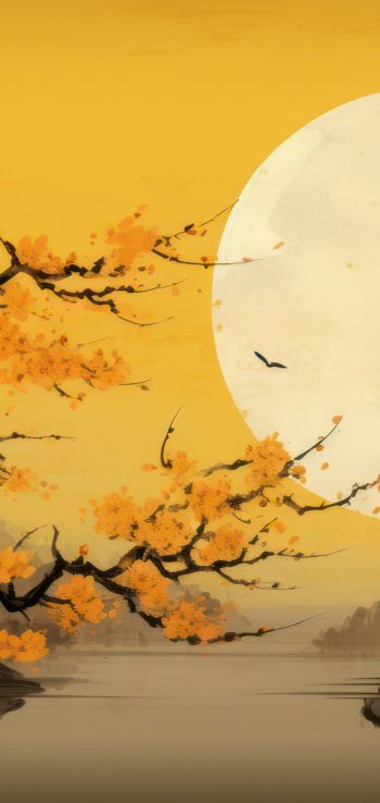 moon, yellow, japan, landscape Wallpaper 720x1520