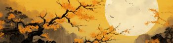 moon, yellow, japan, landscape Wallpaper 1590x400
