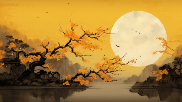 moon, yellow, japan, landscape Wallpaper 2048x1152