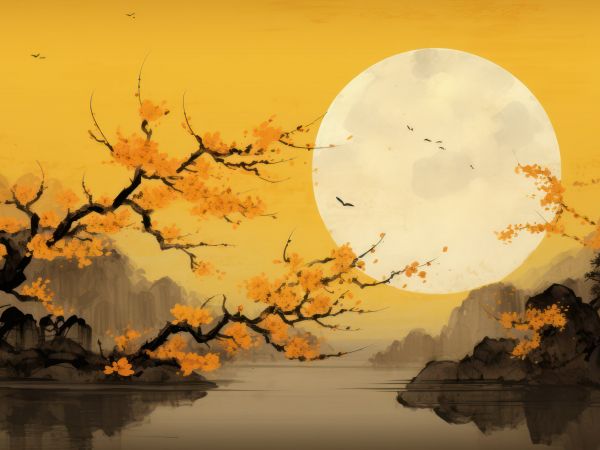 Обои 1024x768 луна, желтый, Япония, пейзаж