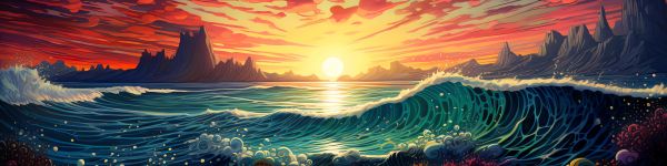 sunset on the sea, sea, seascape Wallpaper 1590x400