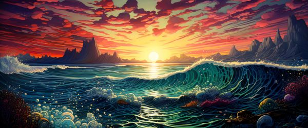 sunset on the sea, sea, seascape Wallpaper 3440x1440